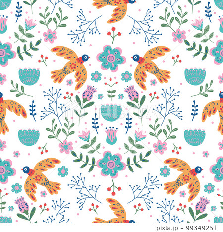 Vector seamless pattern with various birds, flowers and leaves with different folk ornaments. Composition in scandinavan style. Ethnic flat illustration with nordic detailed in trendy colors 99349251