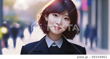 笑顔の可愛い女子高生、学校、制服、カメラ目線、写真風イラスト 笑顔の可愛い女子高生、学校、制服、カメラ目線、写真風イラスト 99349862