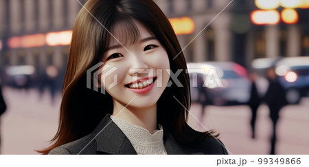 笑顔のOL社会人女性、写真風イラスト、都会、ポートレート 99349866