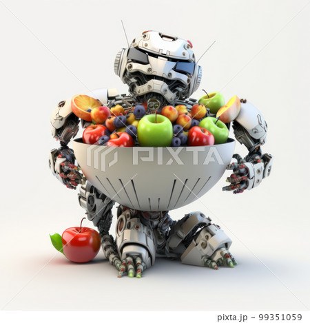 Robot holding bowl full of fruit. Generative AI 99351059