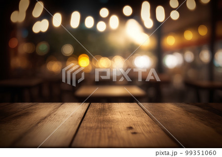 An empty wooden table with lights in the background. Generative AI 99351060