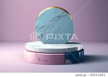 Marble pedestal on top of pink and blue platform. Generative AI 99351061