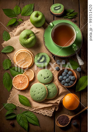 Tea, fruit and cookies on wooden table. Generative AI 99351420