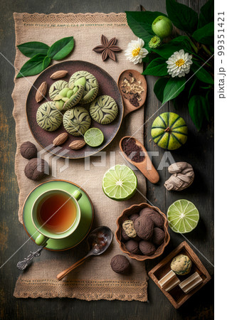 Tea and cookies on rustic table. Generative AI 99351421