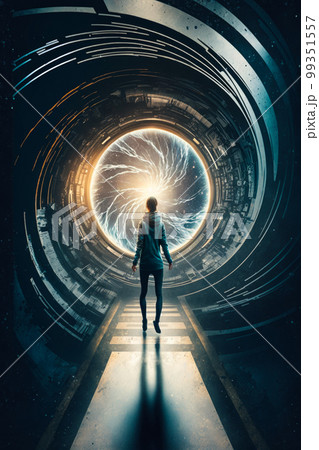 Person walking through tunnel with light coming out of it. Generative AI Person walking through tunnel with light coming out of it. Generative AI 99351557