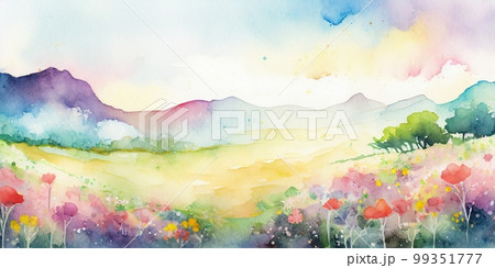 山、花、空のカラフルな水彩画、背景画像用のイラスト素材 [99351777