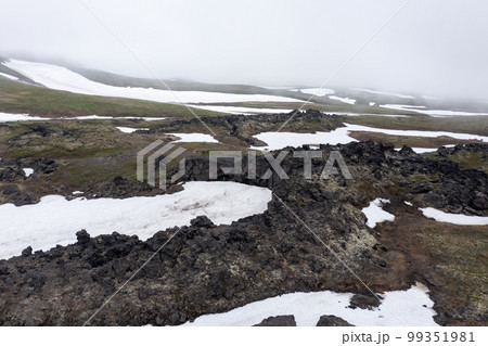 The magma stone field of Gorely volcano covered with fog. Kamchatka, Russia 99351981