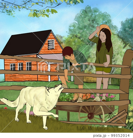 Brother and Sister playing with a wolf, standing on the fence  99352014