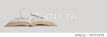 Banner with open book and magnifier. Education and science concept. Careful reading, paying attention to details. Space for text 99353456