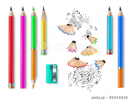Realistic school stationery. Colorful pencils, sharpener, eraser and shaves. 3d creative tools, rubber and wood, education isolated on white background elements. Vector illustration objects Realistic school stationery. Colorful pencils, sharpener, eraser and shaves. 3d creative tools, rubber and wood, education isolated on white background elements. Vector illustration objects 99354836