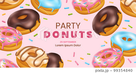 Donut party flyer, confectionery menu. Baked doughnut birthday invitation card, cute fun sweet food with hole. Snacks products promo. 3d isolated flying pastries. Vector poster design Donut party flyer, confectionery menu. Baked doughnut birthday invitation card, cute fun sweet food with hole. Snacks products promo. 3d isolated flying pastries. Vector poster design 99354840