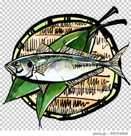 ざるに盛った「真鯵（マアジ）」の手書きイラスト（筆書き墨絵風） 99354906