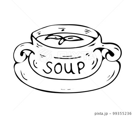 Doodle soup Plate with handles. Any cream soup: Tomato, pumpkin, champignon. Vector line art. Doodle soup Plate with handles. Any cream soup: Tomato, pumpkin, champignon. Vector line art. 99355236