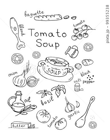 Doodle tomato soup recipe with lettering. Vector illustration. tomatoes, lettering, olive oil, onion 99355238