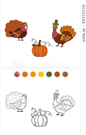 Turkeys, pumpkin Coloring Page Thanksgiving day. Isolated Vector Illustration Turkeys, pumpkin Coloring Page Thanksgiving day. Isolated Vector Illustration 99355239