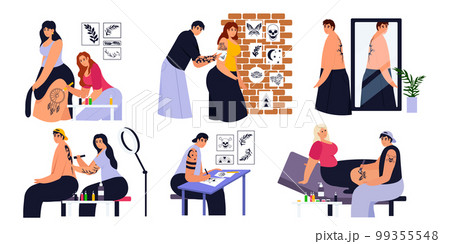 Tattoo artists work process from designing, drawing to tattooing with needle machine. Tattooist with equipment and client in salon. Vector set Tattoo artists work process from designing, drawing to tattooing with needle machine. Tattooist with equipment and client in salon. Vector set 99355548
