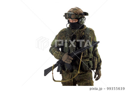 Russian mercenary soldier with AK-74 in his hand. 99355639