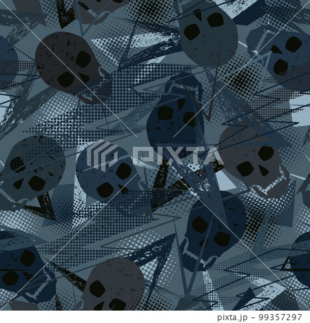 Seamless pattern with skulls, grunge paint brush stroke, dotted halftone shapes 99357297