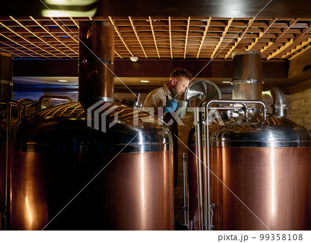 Copper boil kettle and distillery tanks in craft beer brewery Copper boil kettle and distillery tanks in craft beer brewery 99358108