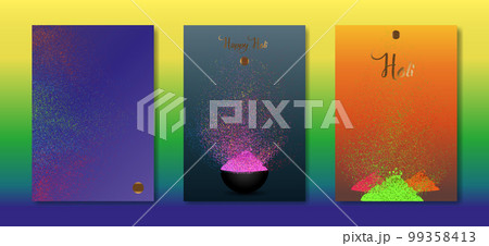 Happy Holi Indian Festival Banner, Colorful gulaal, powder color, party set luxury card with explosion patterned and crystals multicolors Background, vector illustration vibrant color template 99358413