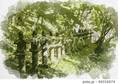 水彩画風　談山神社　灯籠ヶ辻　奈良県桜井市 99358874
