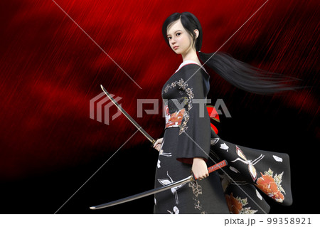黒い着物を着た女侍が両手に刀を持ち振り向いている 黒い着物を着た女侍が両手に刀を持ち振り向いている 99358921