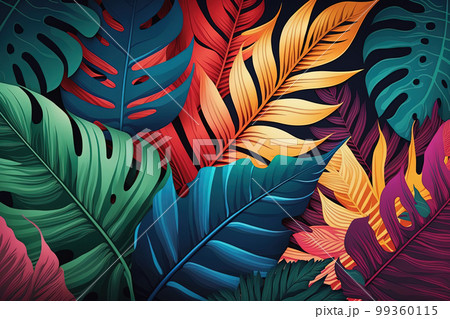 Abstract tropical palm leaf colorful background with neon colors. Generative AI Abstract tropical palm leaf colorful background with neon colors. Generative AI 99360115