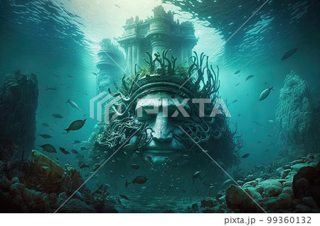 Fantasy underwater seascape with majestic architecture elements and stone ruins. Temple in ancient city, lost civilization. Generative AI Fantasy underwater seascape with majestic architecture elements and stone ruins. Temple in ancient city, lost civilization. Generative AI 99360132