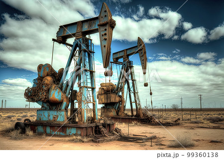 Oil pump rig. Pump Jack and barrel in desert on oilfield site. Oil and gas production. AI 99360138