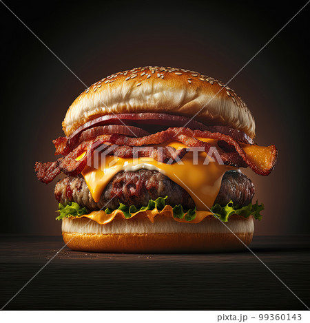 Perfect bacon cheese burger with beef, tomato, onion and fresh lettuce leaves, dark background, close up. Hamburger menu design. AI Perfect bacon cheese burger with beef, tomato, onion and fresh lettuce leaves, dark background, close up. Hamburger menu design. AI 99360143