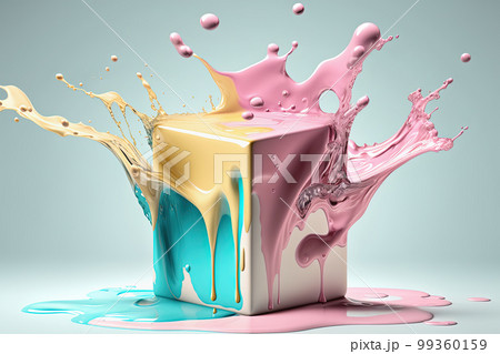 Colorful paint splash in form of cube. Abstract liquid paint texture background with copy space. Creativity concept. AI 99360159