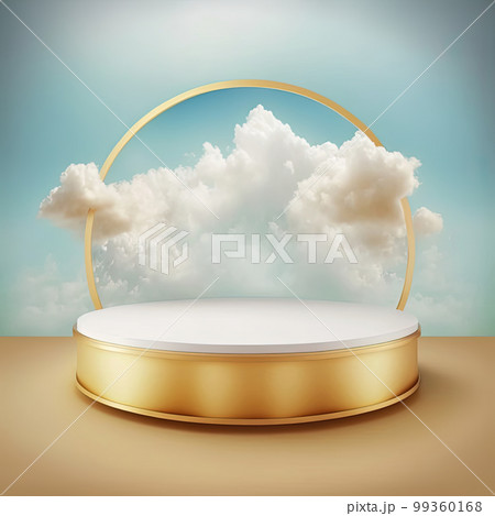 Product display podium with geometric platform, gold ball on white background. Stage showcase for beauty product on pedestal, white podium. Modern abstract background. 3D Product display podium with geometric platform, gold ball on white background. Stage showcase for beauty product on pedestal, white podium. Modern abstract background. 3D 99360168