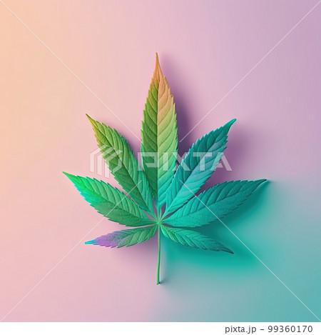 Colorful cannabis leaf on pastel background, copy space. Medical marijuana concept. Generative AI 99360170