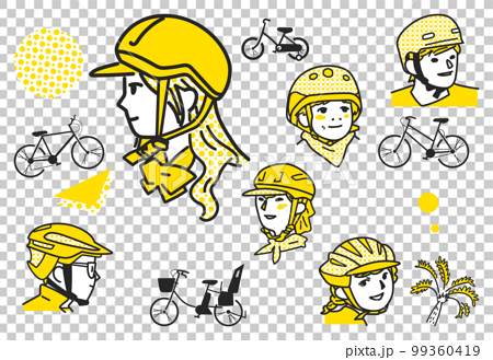 スタイリッシュな自転車用ヘルメットをかぶった人々　セット　イラスト素材	 99360419