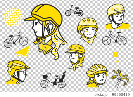 スタイリッシュな自転車用ヘルメットをかぶった人々　セット　イラスト素材	 99360419