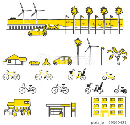 自転車で走ると気持ちいい海沿いの町のイメージ　セット　イラスト素材 99360421