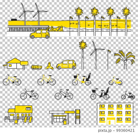 自転車で走ると気持ちいい海沿いの町のイメージ　セット　イラスト素材 99360421