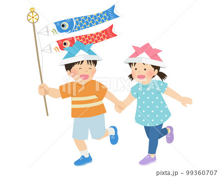 鯉のぼりを持って走る子供たち_こどもの日イメージ素材 99360707