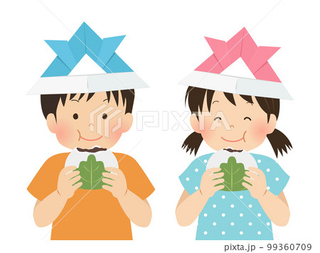 兜をかぶり柏餅を食べる子供達_こどもの日イメージ素材 99360709