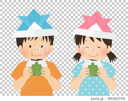 兜をかぶり柏餅を食べる子供達_こどもの日イメージ素材 99360709