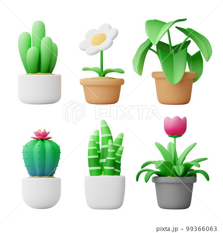 Set of small cute cartoon style colorful plant in pot for home interior decoration, 3D rendering illustration on white background with clipping path 99366063