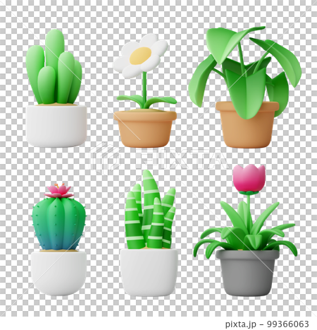 Set of small cute cartoon style colorful plant in pot for home interior decoration, 3D rendering illustration on white background with clipping path Set of small cute cartoon style colorful plant in pot for home interior decoration, 3D rendering illustration on white background with clipping path 99366063