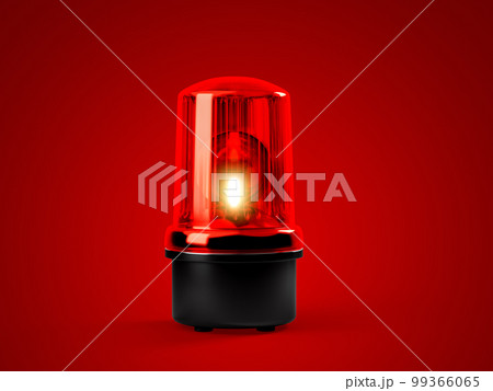 Red siren emergency warning light with black base that are currently on with a dim red background looks exciting 3d render illustration with clipping path 99366065