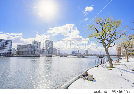 冬晴れの信濃川と萬代橋 99366457