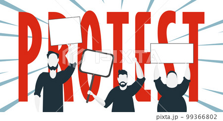 Protest banner. Men protest with banners in their hands. Strike concept. Flat style, vector. 99366802