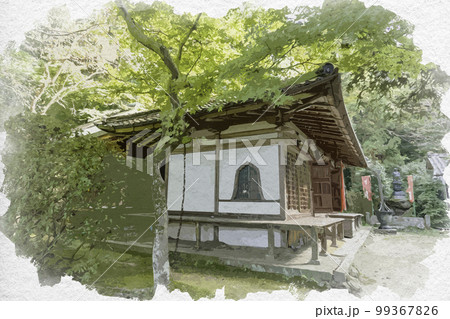 水彩画風　長岳寺　大師堂と拝堂　奈良県天理市 99367826