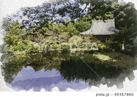 水彩画風　長岳寺　放生池　奈良県天理市 99367860