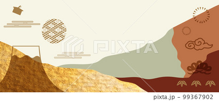 Japanese background with gold texture vector. Hand drawn wave chinese cloud and Fuji mountain icon decoration in vintage style. Watercolor painting with art abstract banner design Japanese background with gold texture vector. Hand drawn wave chinese cloud and Fuji mountain icon decoration in vintage style. Watercolor painting with art abstract banner design 99367902