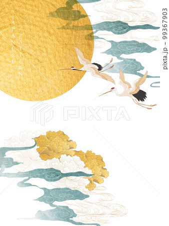 Gold sun and moon. Japanese background with floral pattern vector. Peony flower, hand drawn wave chinese cloud decorations in vintage style. Crane birds element with art abstract banner design Gold sun and moon. Japanese background with floral pattern vector. Peony flower, hand drawn wave chinese cloud decorations in vintage style. Crane birds element with art abstract banner design 99367903