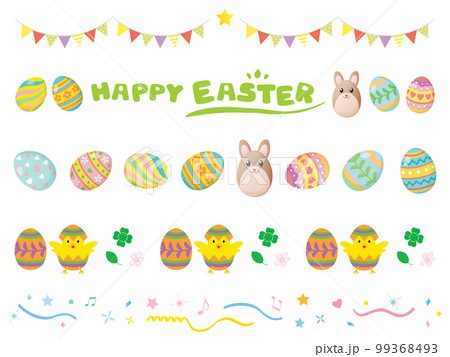 イースターのウサギとヒヨコと卵のラインイラストのセット 99368493